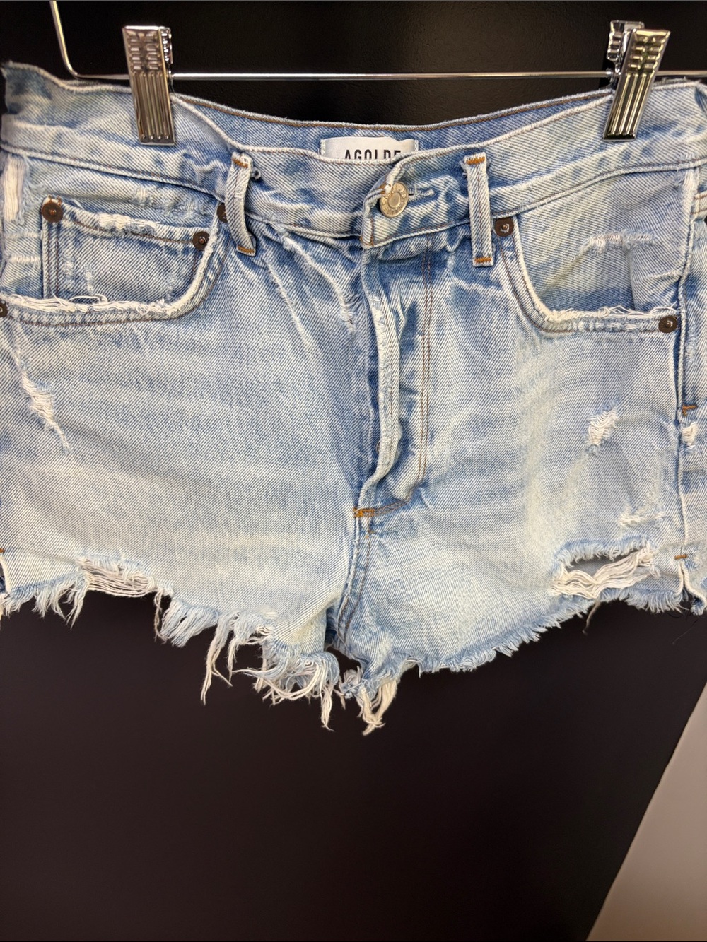 Agolde Light Blue Distressed Frayed Hem Denim Shorts